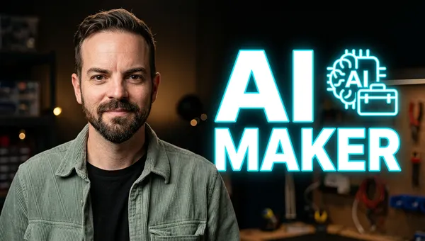 Thijs Jochems naast de tekst AI Maker, met een werkplaats op de achtergrond